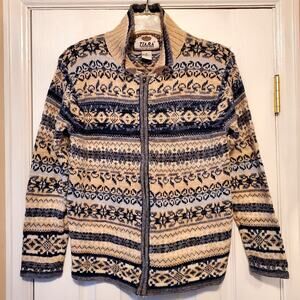 Sz Sm Vintage TIARA INTERNATIONAL Blue&Cream Full Zip Up Cotton/Ramie Sweater